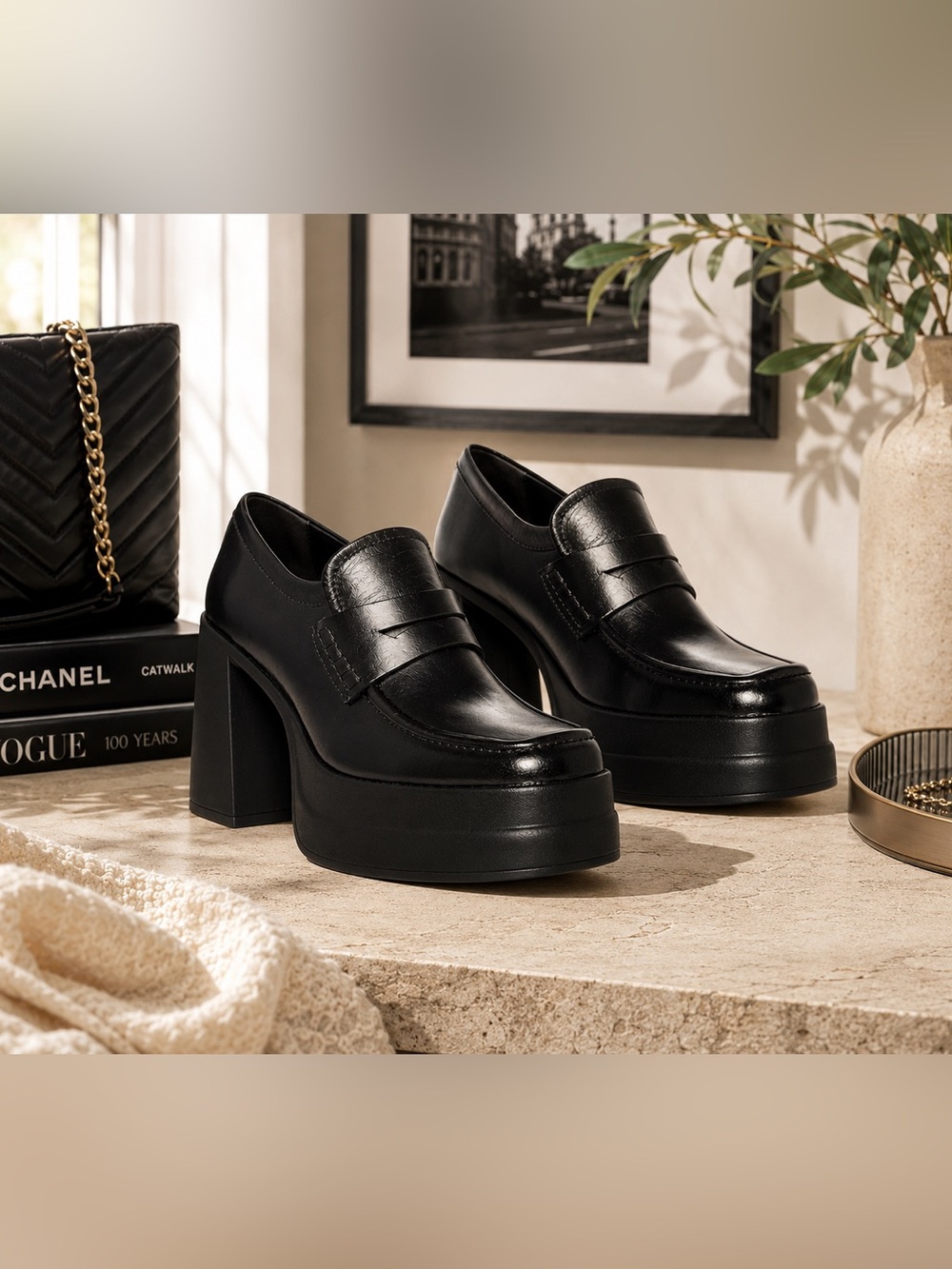 Steve Madden Perry Black Platform Loafers Chunky Heel Penny Slip On Shoes